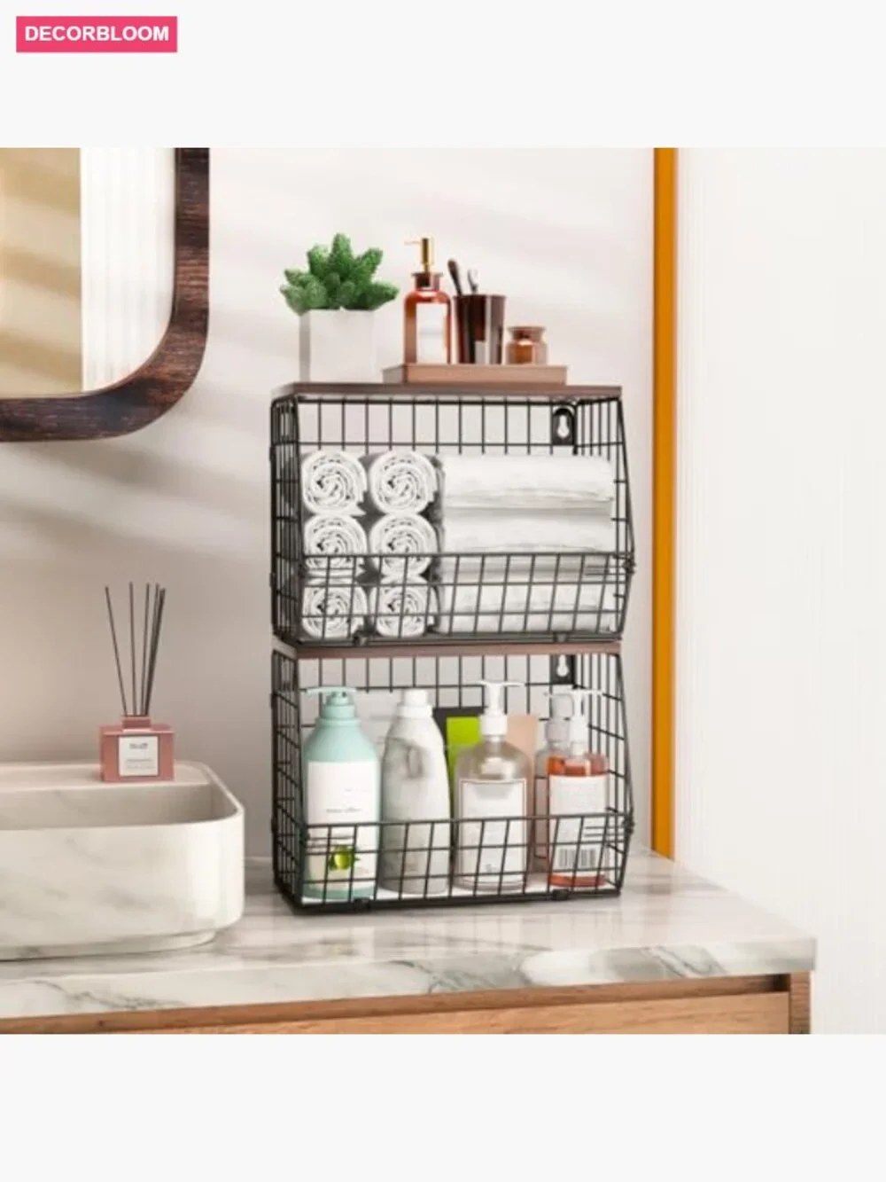2 Tier Stackable Fruit Basket with Banana Hooks, Wall Mountable